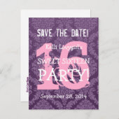 Save the Date Sweet 16 Verjaardagsfeest A04 PAARSE Aankondigingskaart (Voorkant / Achterkant)