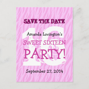 Save the Date Sweet 16 Zebra Verjaardagsfeest V04 Aankondigingskaart