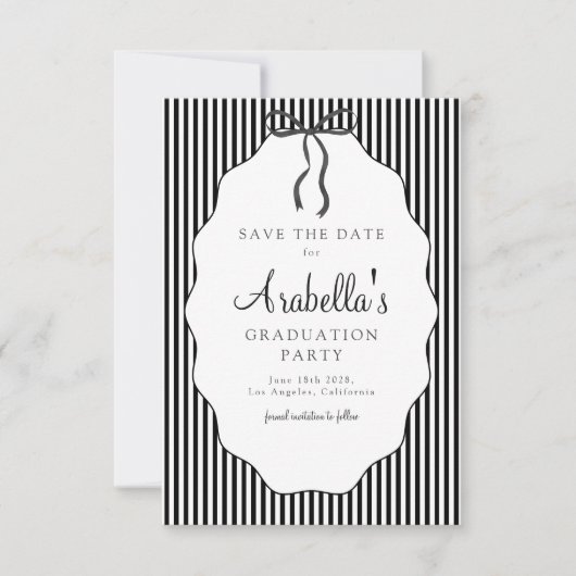 Save The Date Sweet Pinstriped Black Bow Graduation (Devant)
