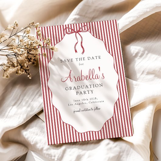 Save The Date Sweet Pinstriped Red Bow Graduation