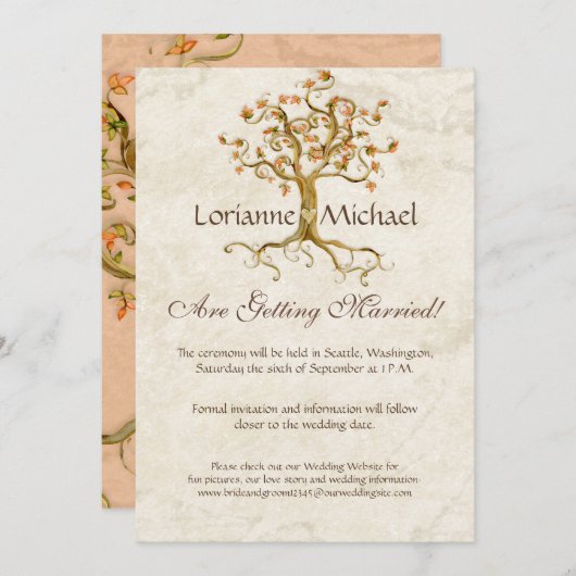 Save The Date Swirl Tree Roots Antiquité Parchemin Mariage Enreg (Devant / Derrière)