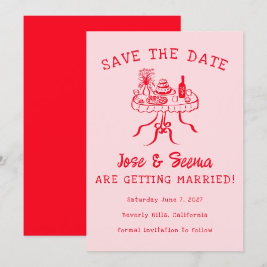 Save The Date Table de dîner buffet dessinée à la main mignonne  (Devant / Derrière)
