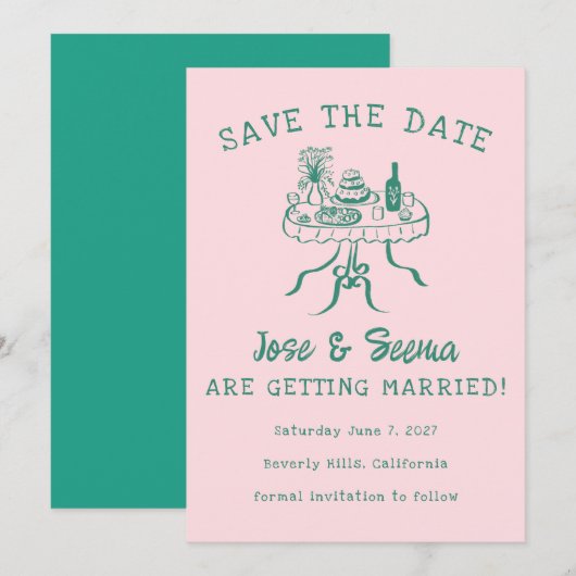 Save The Date Table de dîner buffet dessinée à la main mignonne  (Devant / Derrière)