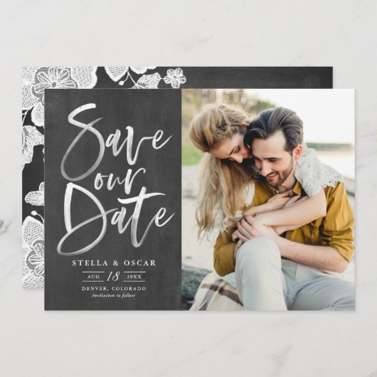 Save The Date Tableau d'école Aquarelle Pinceau Calligraphie Pho (Devant / Derrière)