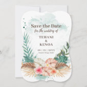 Save The Date Tahiti | Feuilles et fleurs de palmier à l'aquarel (Devant)