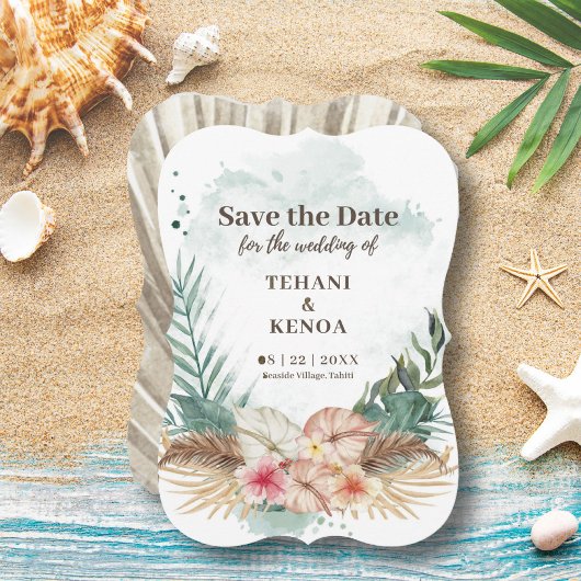 Save The Date Tahiti | Feuilles et fleurs de palmier à l'aquarel