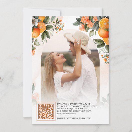 Save The Date Tangerine Orange Citrus QR Code Mariage photo (Dos)