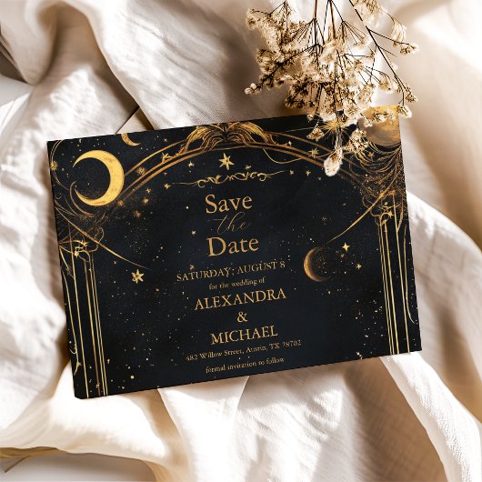 Save The Date Tarot Celestin Mariage Sun Moon Stars Gold