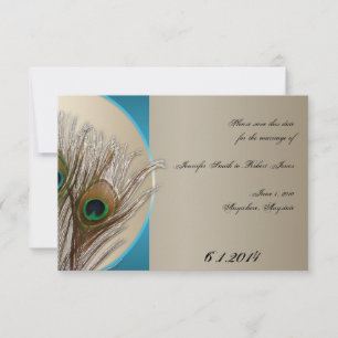 Save The Date Taupe moderne Aqua Peacock Feather Enregistrer la
