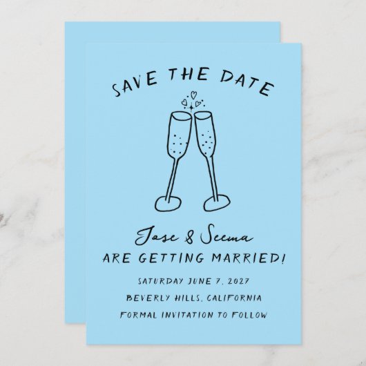Save The Date Tchin Tchin Champagne Dessiné à la Main Personnali (Devant / Derrière)