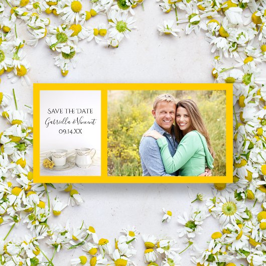 Save The Date Tea Cup avec marguerites jaunes Mariage Enregistre