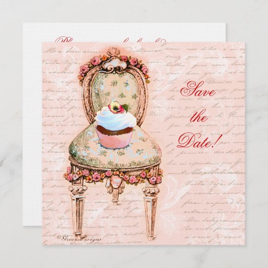 Save The Date Tea Party Cupcake & Chaise (Devant / Derrière)