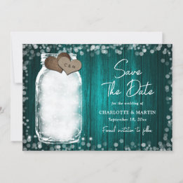 Save The Date Teal Mason Jar String Lights Wood Wedding