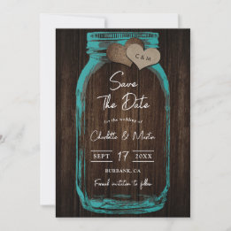 Save The Date Teal Mason Jar Wood Monogram Romantic Fall Wedding