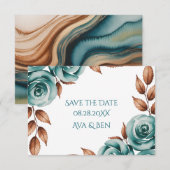 Save The Date Teal Roses and Bronze Leaves Wedding (Devant / Derrière)