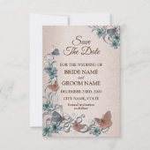 Save The Date Teal Silver Floral Copper Butterfly Tan Wedding (Devant)