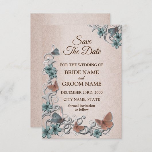 Save The Date Teal Silver Floral Copper Butterfly Tan Wedding (Devant / Derrière)