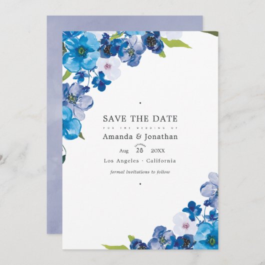 Save The Date Teintes de mariage floral bleu Photo (Devant / Derrière)