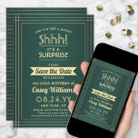 Save The Date Téléchargeable Surprise Birthday Green and Gold<br><div class="desc">Peux-tu garder un secret ? famille d'Invitations et amis à une fête d'anniversaire élégante et passionnante avec le vert et l'or personnalisé enregistrer les invitations de fête de date. Toute la formulation de ce modèle est simple à personnaliser, y compris le message qui dit "Shhh! C'est une SURPRISE." Le design...</div>