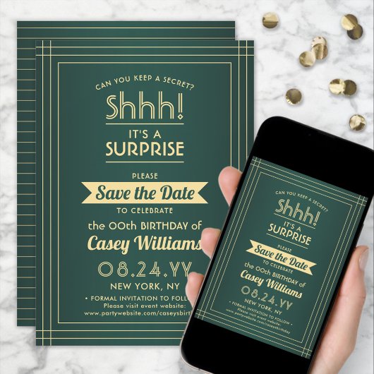 Save The Date Téléchargeable Surprise Birthday Green and Gold