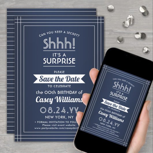 Save The Date Téléchargeable Surprise Birthday Navy Blue and Whi