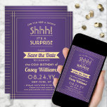 Save The Date Téléchargeable Surprise Birthday Purple and Gold<br><div class="desc">Peux-tu garder un secret ? Famille d'Invitations et amis à une fête d'anniversaire élégante et excitante avec personnalisation violet et or enregistrer les invitations de fête de date. Toute la formulation de ce modèle est simple à personnaliser, y compris le message qui dit "Shhh! C'est une SURPRISE." Le design se...</div>