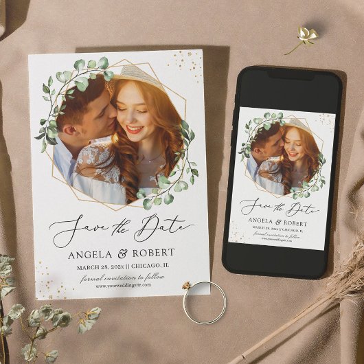 Save The Date Tendance verte Eucalyptus Cadre géométrique Photo