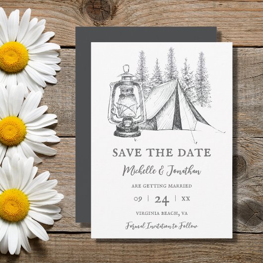 Save The Date Tente, lanterne et bois croquis Mariage de camping