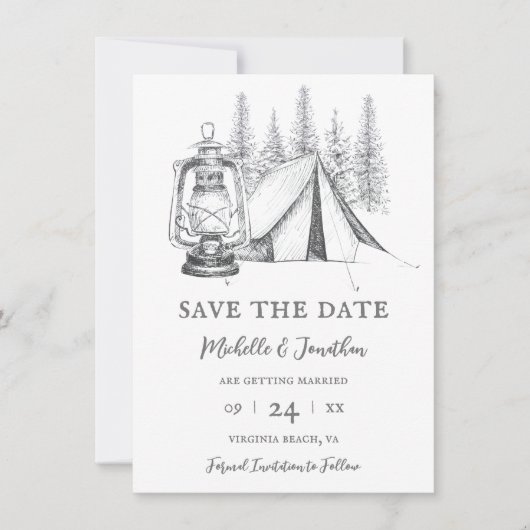 Save The Date Tente, lanterne et bois croquis Mariage de camping (Devant)
