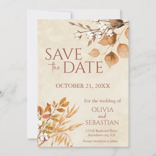 Save The Date Terracotta Automne quitte Boho Mariage de automne (Devant)