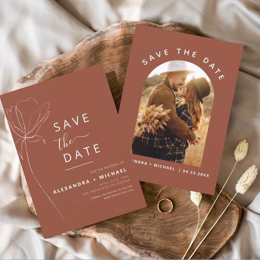 Save The Date Terracotta Boho Enregistrer la date Photo Line Art