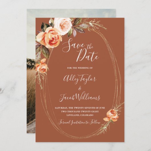 Save The Date Terracotta Boho Fall Floral Photo Mariage (Devant / Derrière)