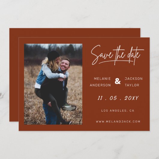 Save The Date Terracotta Brûlé Orange Simple Photo manuscrite (Devant / Derrière)