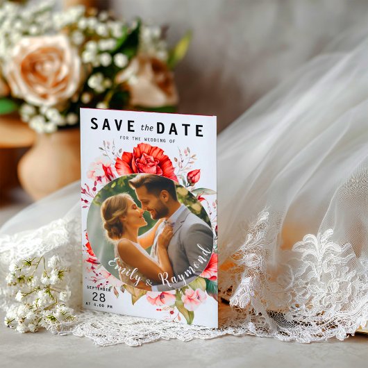 Save The Date Terracotta Burgundy Blush Floral Wedding Photo