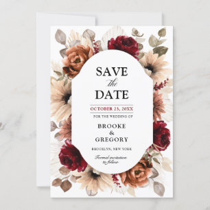 Save The Date Terracotta Burgundy Mauve Floral Mariage géométriq
