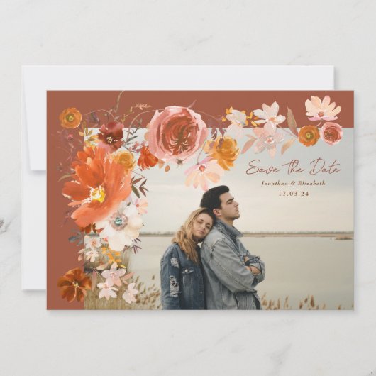 Save The Date Terracotta Desert Floral Frame Bouquet Photo (Devant)
