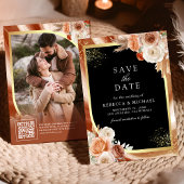 Save The Date Terracotta Floral Black Gold QR Code Photo Mariage