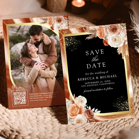 Save The Date Terracotta Floral Black Gold QR Code Photo Mariage