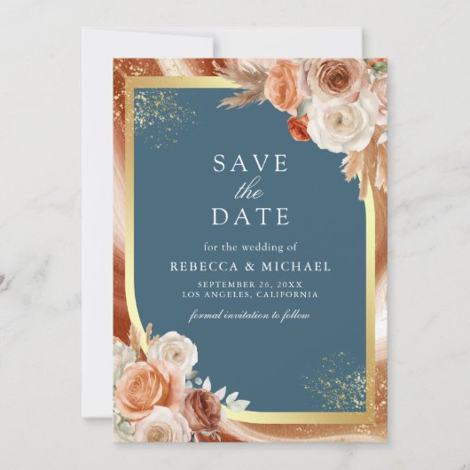 Save The Date Terracotta Floral Dusty Blue QR Code Photo Mariage (Devant)