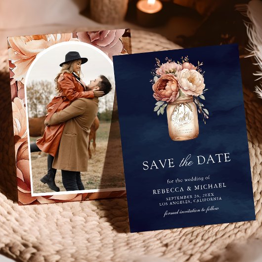 Save The Date Terracotta Floral Navy Blue Photo Mariage