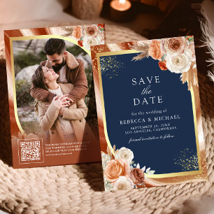Save The Date Terracotta Floral Navy Blue QR Code Photo Mariage