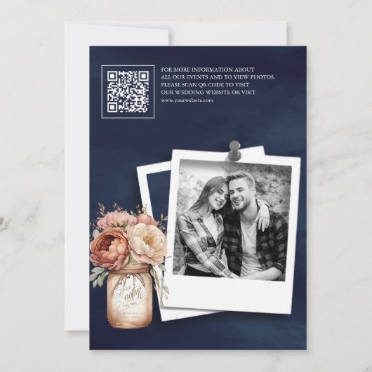 Save The Date Terracotta Floral Navy Photo QR Code Mariage (Dos)