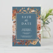 Save The Date Terracotta Floral Photo Dusty Blue Wedding (Debout devant)