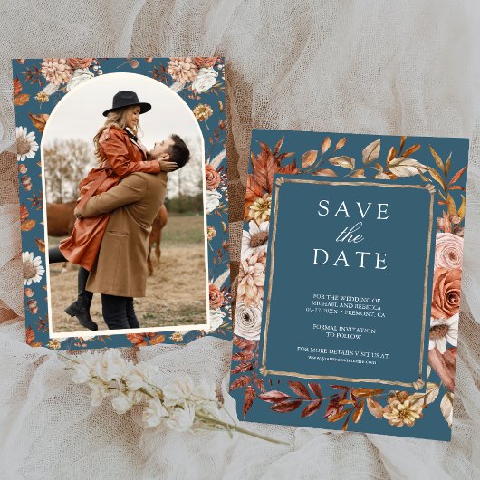 Save The Date Terracotta Floral Photo Dusty Blue Wedding