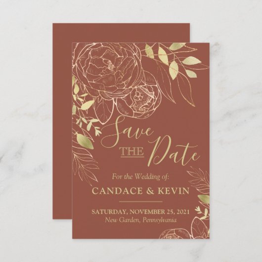 Save The Date Terracotta & Gold Peony Mariage Floral moderne (Devant / Derrière)