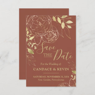 Save The Date Terracotta & Gold Peony Mariage Floral moderne