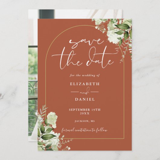 Save The Date Terracotta Greenery Gold Arch Mariage photo (Devant / Derrière)