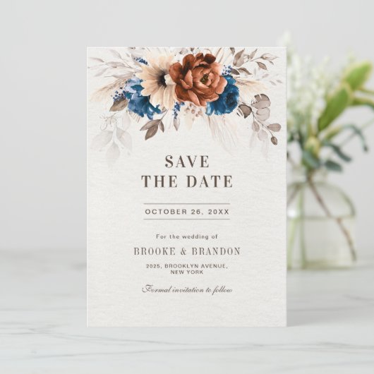 Save The Date Terracotta Marine Bleu Pampas Grass Mariage rustiq (Debout devant)