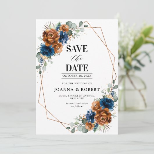 Save The Date Terracotta Marine Bleu Vert Mariage géométrique Sa (Debout devant)