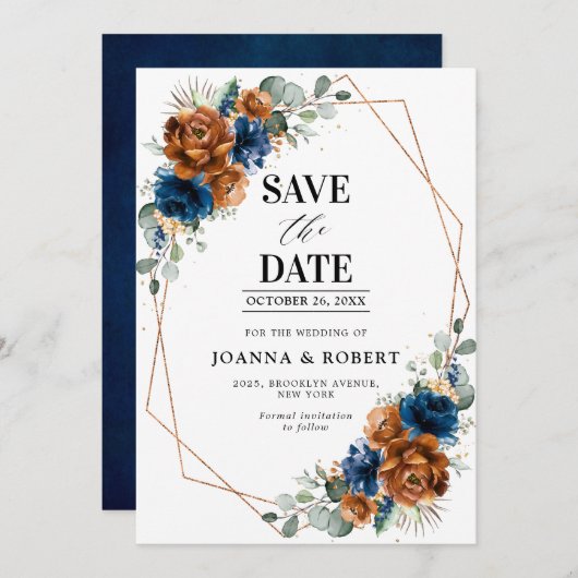 Save The Date Terracotta Marine Bleu Vert Mariage géométrique Sa (Devant / Derrière)